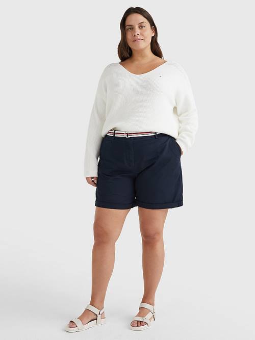 Tommy Hilfiger Curve Contrast Knit Relaxed Fit V-Neck Jumper Ženske Puloverji Bela | TH240IET