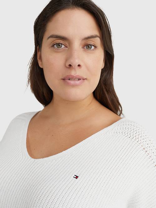 Tommy Hilfiger Curve Contrast Knit Relaxed Fit V-Neck Jumper Ženske Puloverji Bela | TH240IET