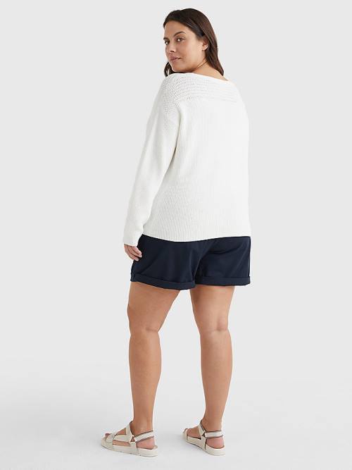 Tommy Hilfiger Curve Contrast Knit Relaxed Fit V-Neck Jumper Ženske Puloverji Bela | TH240IET