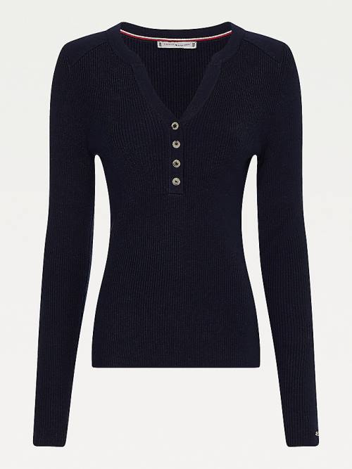 Tommy Hilfiger Curve Henley Ribbed Wool Blend Jumper Ženske Puloverji Modra | TH615MSB