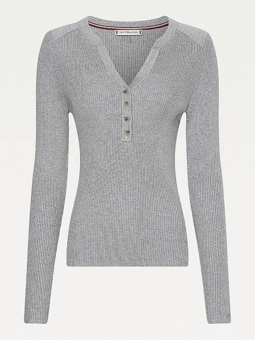 Tommy Hilfiger Curve Henley Ribbed Wool Blend Jumper Ženske Puloverji Siva | TH963UMT