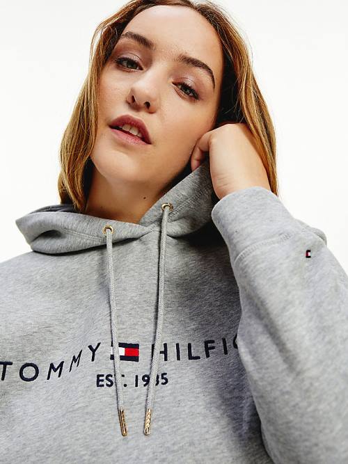 Tommy Hilfiger Curve Logo Drawstring Ženske Pulover s kapuco Siva | TH405KGB