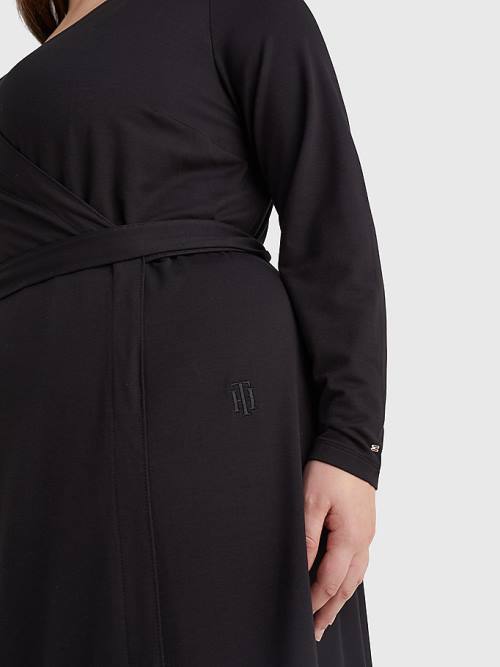 Tommy Hilfiger Curve Long Sleeve V-Neck Midi Wrap Ženske Obleke Črna | TH915KBH