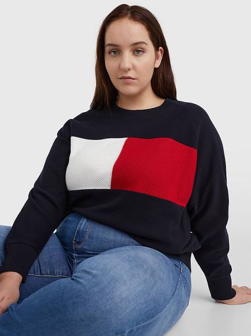 Tommy Hilfiger Curve Long-Sleeved Crew Neck Sweatshirt Ženske Puloverji Modra | TH015NHA