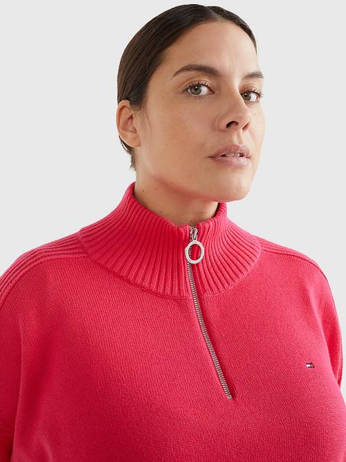 Tommy Hilfiger Curve Oversized Half-Zip High Neck Jumper Ženske Puloverji Roza | TH013RZM