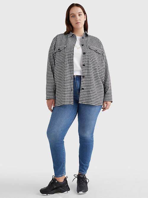 Tommy Hilfiger Curve Recycled Wool Flannel Houndstooth Shacket Ženske Jakne Modra | TH687QAW