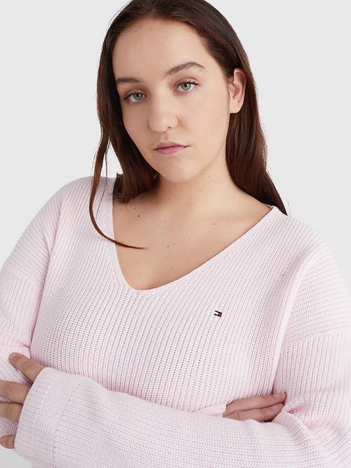 Tommy Hilfiger Curve Rib-Knit Organic Cotton Relaxed Fit Jumper Ženske Puloverji Roza | TH083IAL