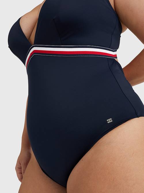 Tommy Hilfiger Curve Signature Tape One Piecesuit Ženske Kopalke Modra | TH548DIQ