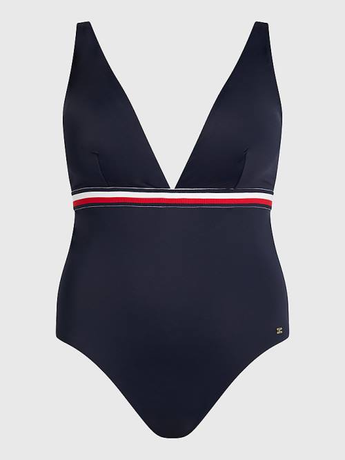 Tommy Hilfiger Curve Signature Tape One Piecesuit Ženske Kopalke Modra | TH548DIQ