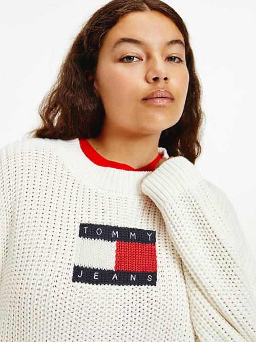 Tommy Hilfiger Curve Tommy Flag Badge Chunky Knit Jumper Ženske Puloverji Bela | TH738TKQ