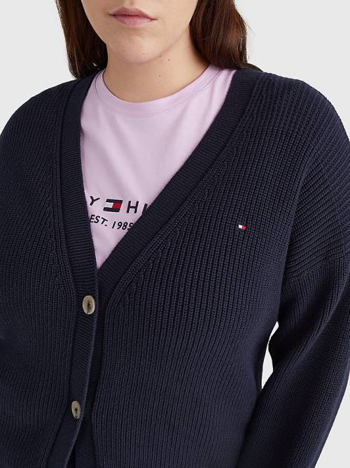 Tommy Hilfiger Curve V-Neck Relaxed Fit Rib Knit Cardigan Ženske Puloverji Modra | TH278WGP