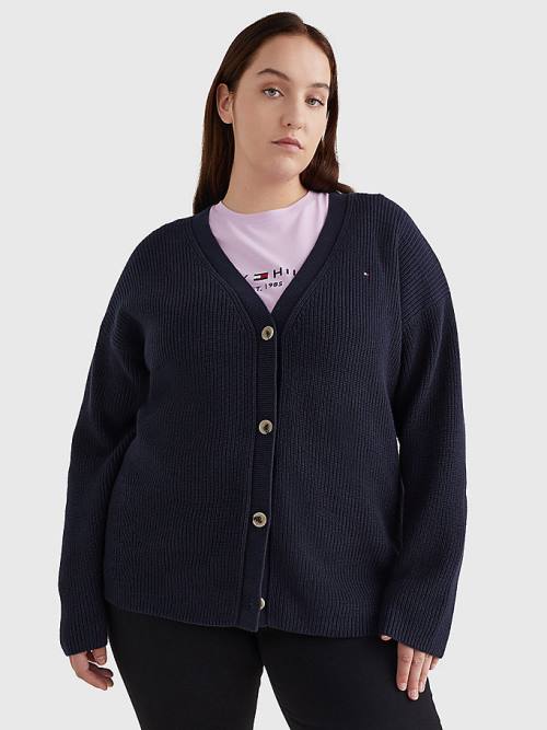 Tommy Hilfiger Curve V-Neck Relaxed Fit Rib Knit Cardigan Ženske Puloverji Modra | TH278WGP