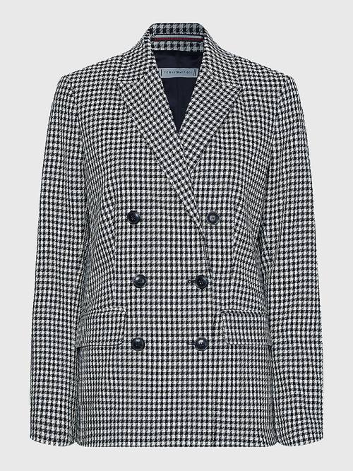 Tommy Hilfiger Double Breasted Houndstooth Virgin Wool Ženske Suknjič Modra | TH419SEM