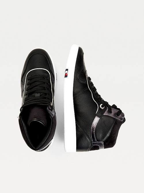 Tommy Hilfiger Elevated Leather Metallic Court Ženske Superge Črna | TH628ZBS