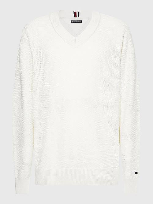 Tommy Hilfiger Elevated Textured V-Neck Jumper Moški Puloverji Bela | TH104QSJ