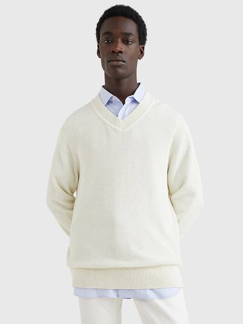 Tommy Hilfiger Elevated Textured V-Neck Jumper Moški Puloverji Bela | TH104QSJ