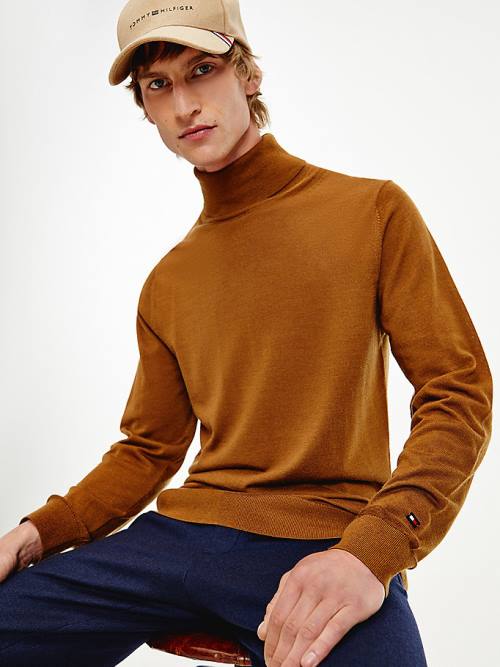 Tommy Hilfiger Elevated Wool Silk Roll Neck Jumper Moški Puloverji Rjav | TH375MWJ