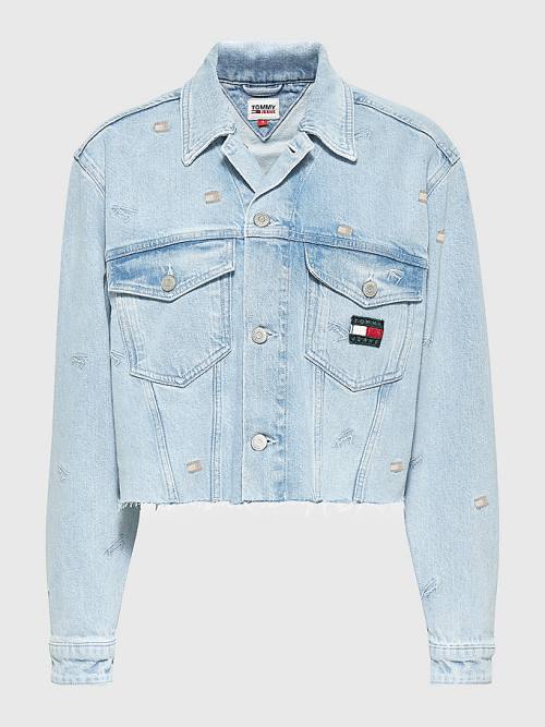 Tommy Hilfiger Embroidery Oversized Cropped Denim Trucker Ženske Jakne Denim | TH824MKR