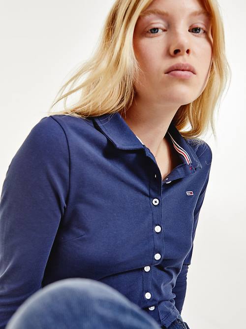 Tommy Hilfiger Essential Button-Through Long Sleeve Ženske Polo Majica Modra | TH489SBH