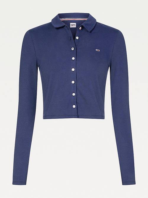 Tommy Hilfiger Essential Button-Through Long Sleeve Ženske Polo Majica Modra | TH489SBH