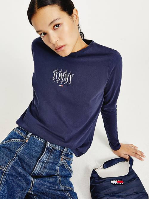 Tommy Hilfiger Essential Long Sleeve Logo Ženske Majice Modra | TH863KYA