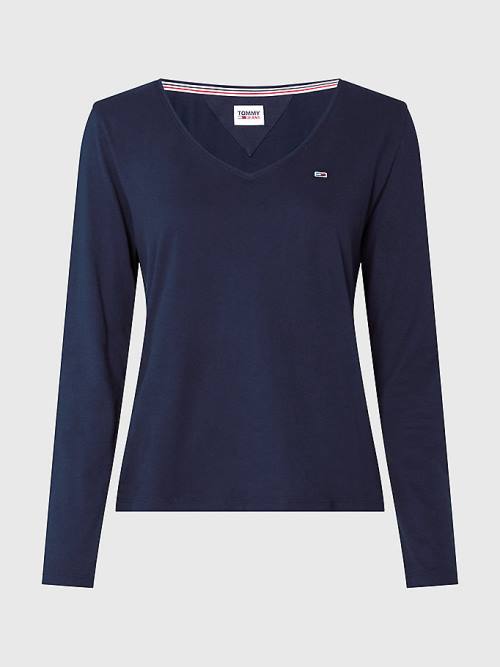 Tommy Hilfiger Essential V-Neck Long Sleeve Ženske Majice Modra | TH361YIW