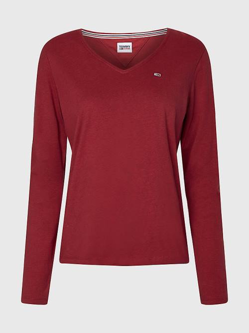 Tommy Hilfiger Essential V-Neck Long Sleeve Ženske Majice Rdeča | TH718YRM