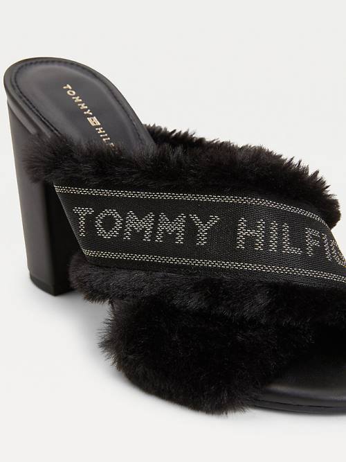 Tommy Hilfiger Faux Fur Logo Tape Ženske Sandali Črna | TH325BGH