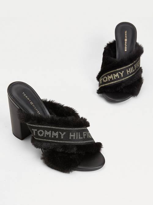 Tommy Hilfiger Faux Fur Logo Tape Ženske Sandali Črna | TH325BGH