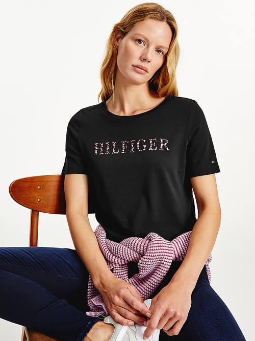 Tommy Hilfiger Feather Print Logo Ženske Majice Črna | TH498AMH