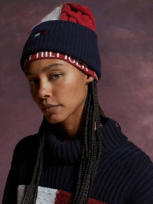 Tommy Hilfiger Flag Icon Cable Knit Beanie Ženske Kapa Modra | TH928TXB