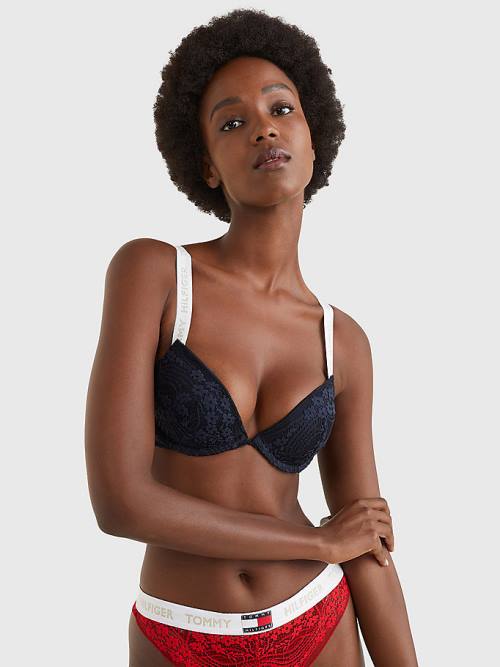 Tommy Hilfiger Floral Lace Logo Strap Push-Up Bra Ženske Spodnje Perilo Modra | TH918FMK