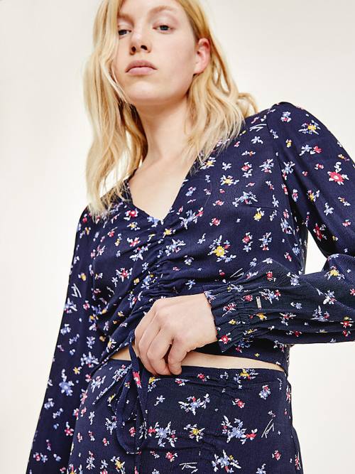 Tommy Hilfiger Floral Print Ruched Viscose Ženske Bluza Črna | TH326JTC