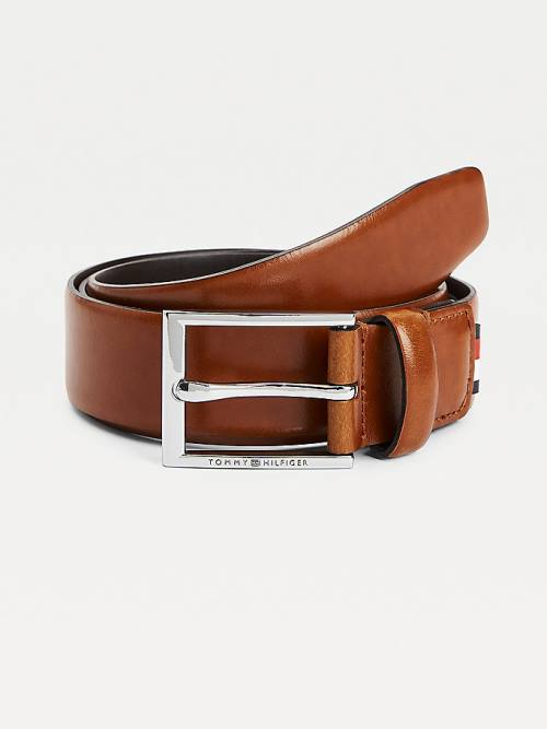 Tommy Hilfiger Formal Leather Logo Buckle 3.5cm Moški Pas Za Hlače Rjav | TH068CBT