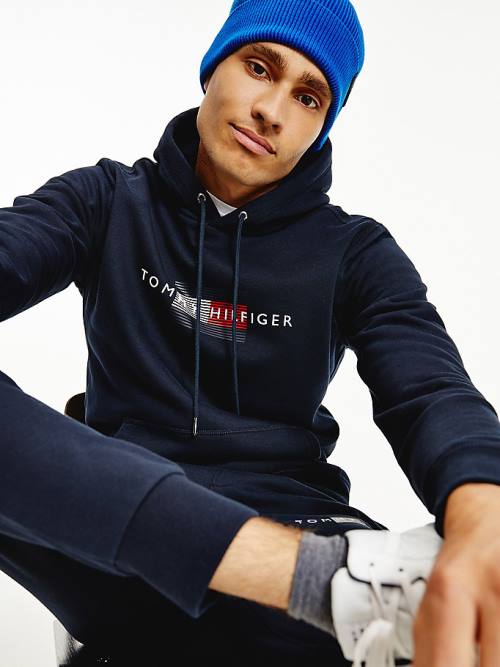 Tommy Hilfiger Front Logo Organic Cotton Fleece Moški Pulover s kapuco Modra | TH128XWH