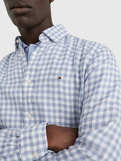 Tommy Hilfiger Gingham Regular Fit Linen Moški Srajce Modra | TH642BQM