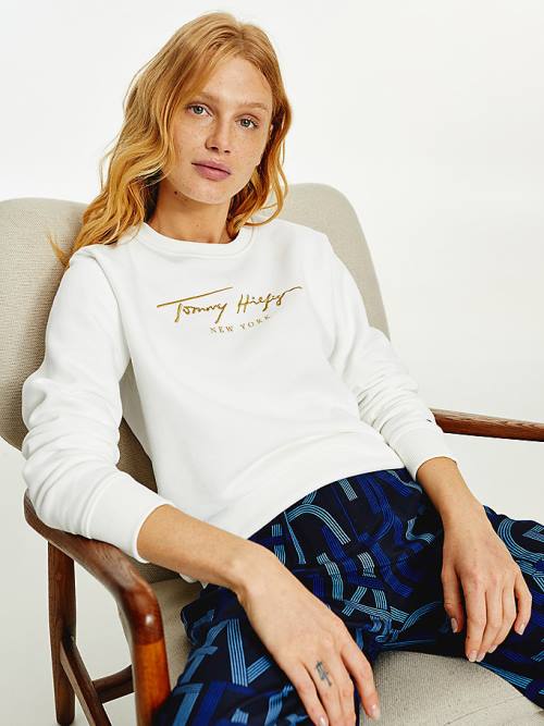 Tommy Hilfiger Gold Signature Embroidery Crew Neck Ženske Pulover Bela | TH068WZR