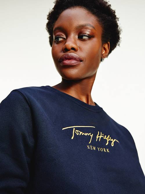 Tommy Hilfiger Gold Signature Embroidery Crew Neck Ženske Pulover Modra | TH251CWT