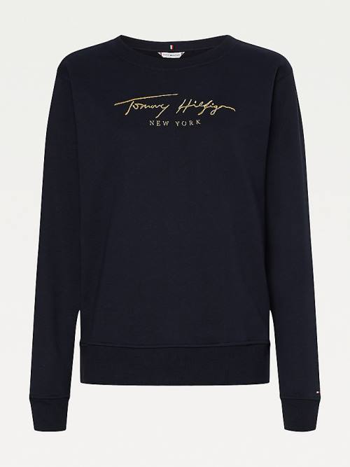 Tommy Hilfiger Gold Signature Embroidery Crew Neck Ženske Pulover Modra | TH251CWT