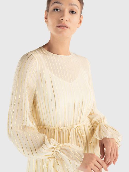 Tommy Hilfiger Gold Stripe Silk Blend Maxi Ženske Obleke Bela | TH854WEH