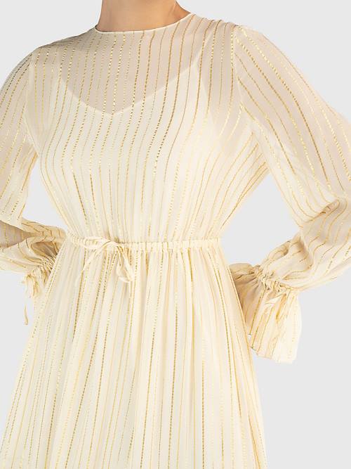 Tommy Hilfiger Gold Stripe Silk Blend Maxi Ženske Obleke Bela | TH854WEH