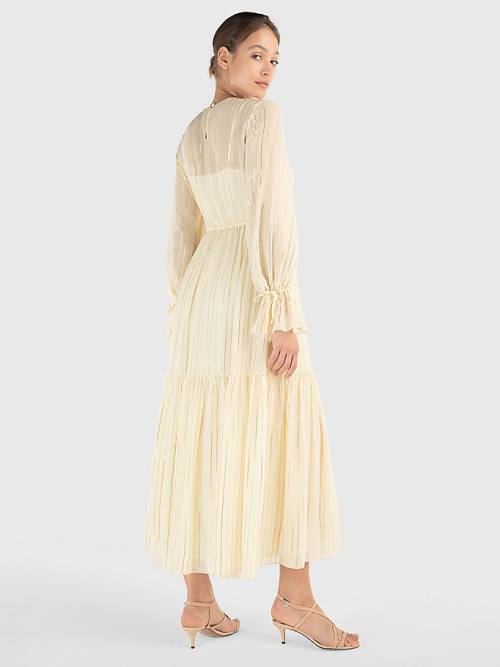 Tommy Hilfiger Gold Stripe Silk Blend Maxi Ženske Obleke Bela | TH854WEH