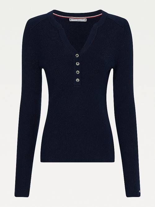 Tommy Hilfiger Henley Ribbed Wool Blend Jumper Ženske Puloverji Modra | TH574RCG