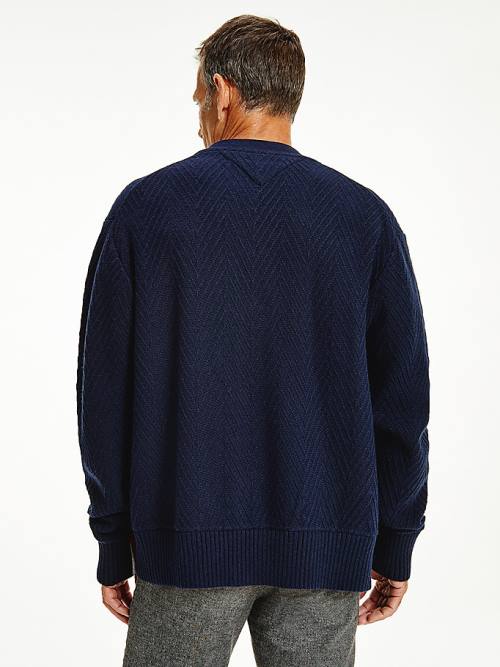 Tommy Hilfiger Herringbone Knit Cardigan Moški Puloverji Modra | TH395SIC