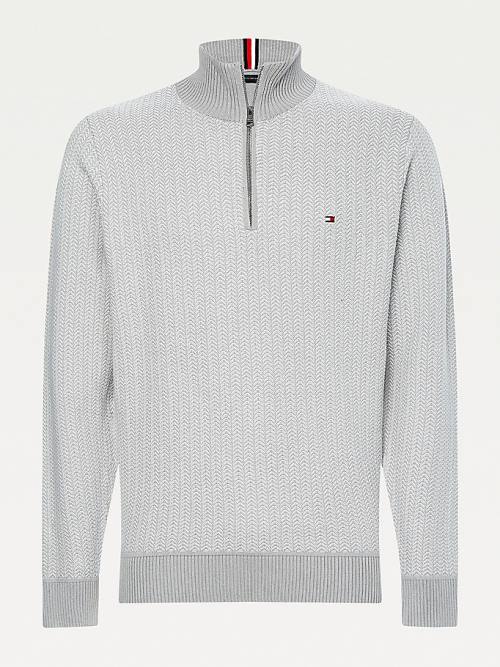 Tommy Hilfiger Herringbone Knit Half-Zip Jumper Moški Puloverji Siva | TH068UDV