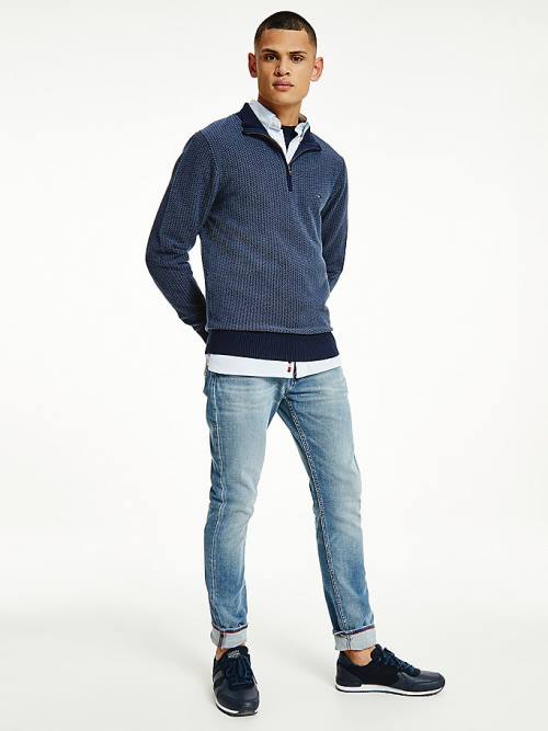 Tommy Hilfiger Herringbone Knit Half-Zip Jumper Moški Puloverji Modra | TH862CYM