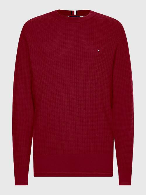 Tommy Hilfiger Knitted Grid Check Crew Neck Jumper Moški Puloverji Rdeča | TH148NGK