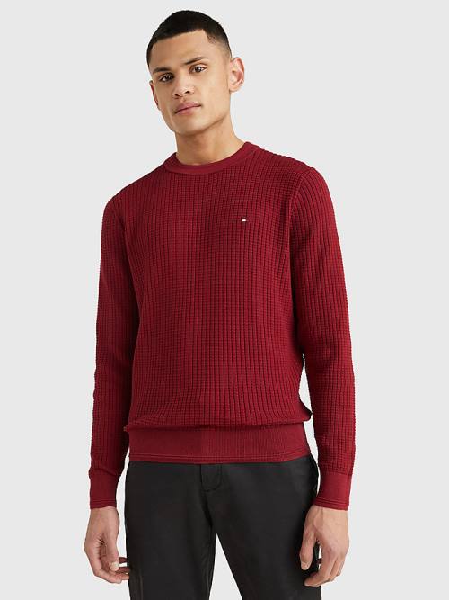 Tommy Hilfiger Knitted Grid Check Crew Neck Jumper Moški Puloverji Rdeča | TH148NGK