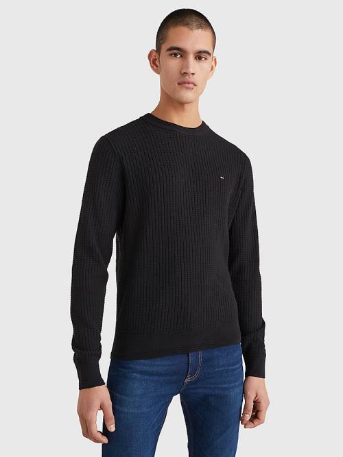 Tommy Hilfiger Knitted Grid Check Crew Neck Jumper Moški Puloverji Črna | TH327FEK