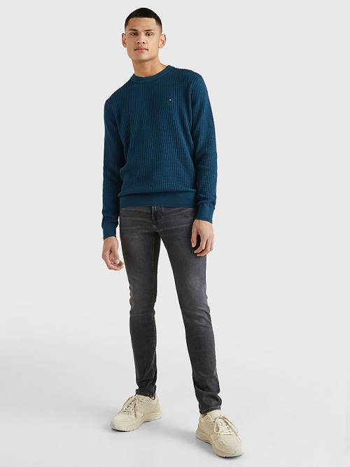 Tommy Hilfiger Knitted Grid Check Crew Neck Jumper Moški Puloverji Modra | TH371GZB